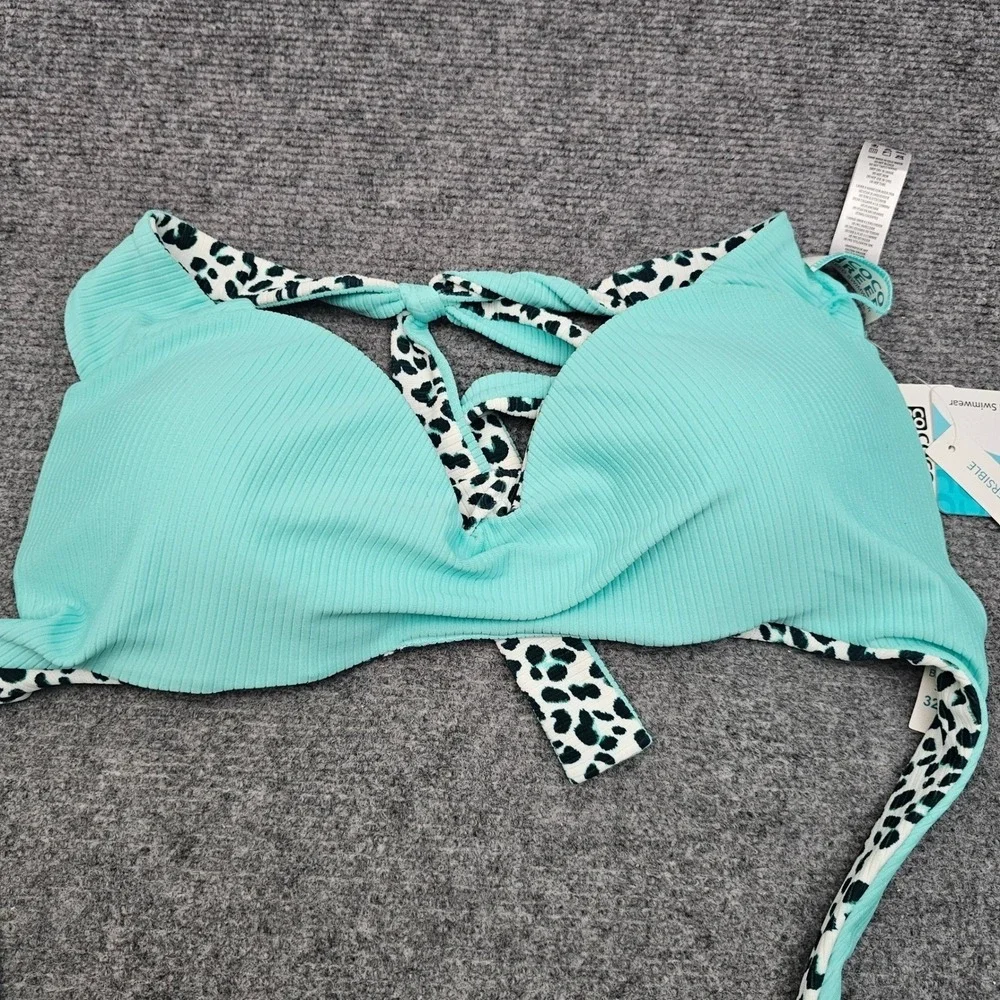 Coco Reef Underwire Bikini Women 36/38D Teal Leopard Reversible Ribbed Swim Top